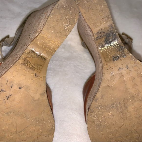 Jimmy Choo Wedge Size 39 1/2 Neutral Patent Leather Cork Platform Open Toe Wedge - Picture 10 of 14